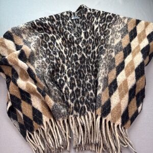 "M" Made in Italy Poncho Women's Cape Wool Blend Shawl Leopard Argyle Diamond OS